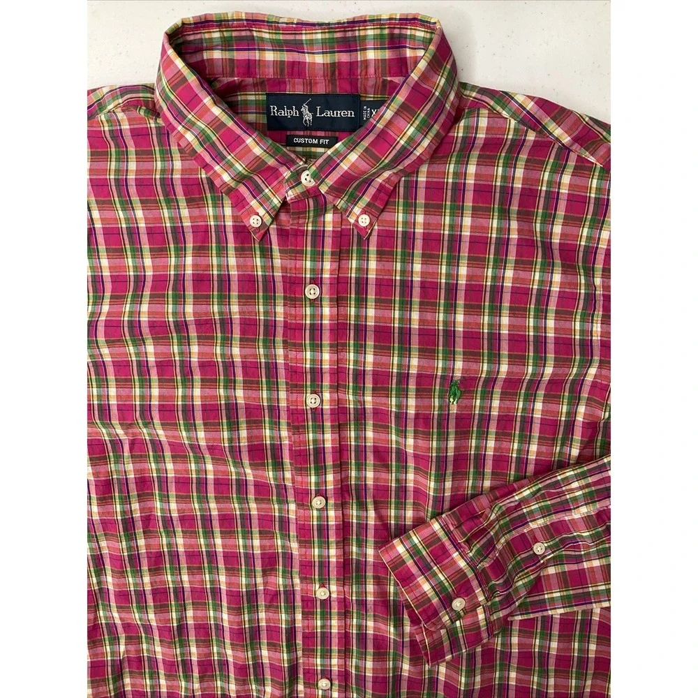 Polo Ralph Lauren Shirt Men Sz XL Custom Fit Plaid Pink Spring Long Sleeve Pony